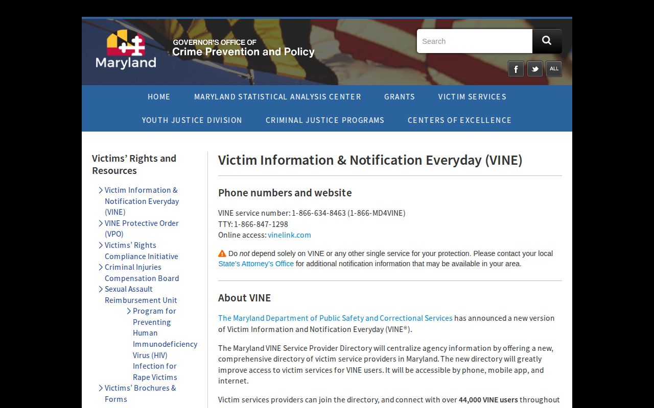 Official Maryland VINE information for Perryville arrest custody checks in Cecil County