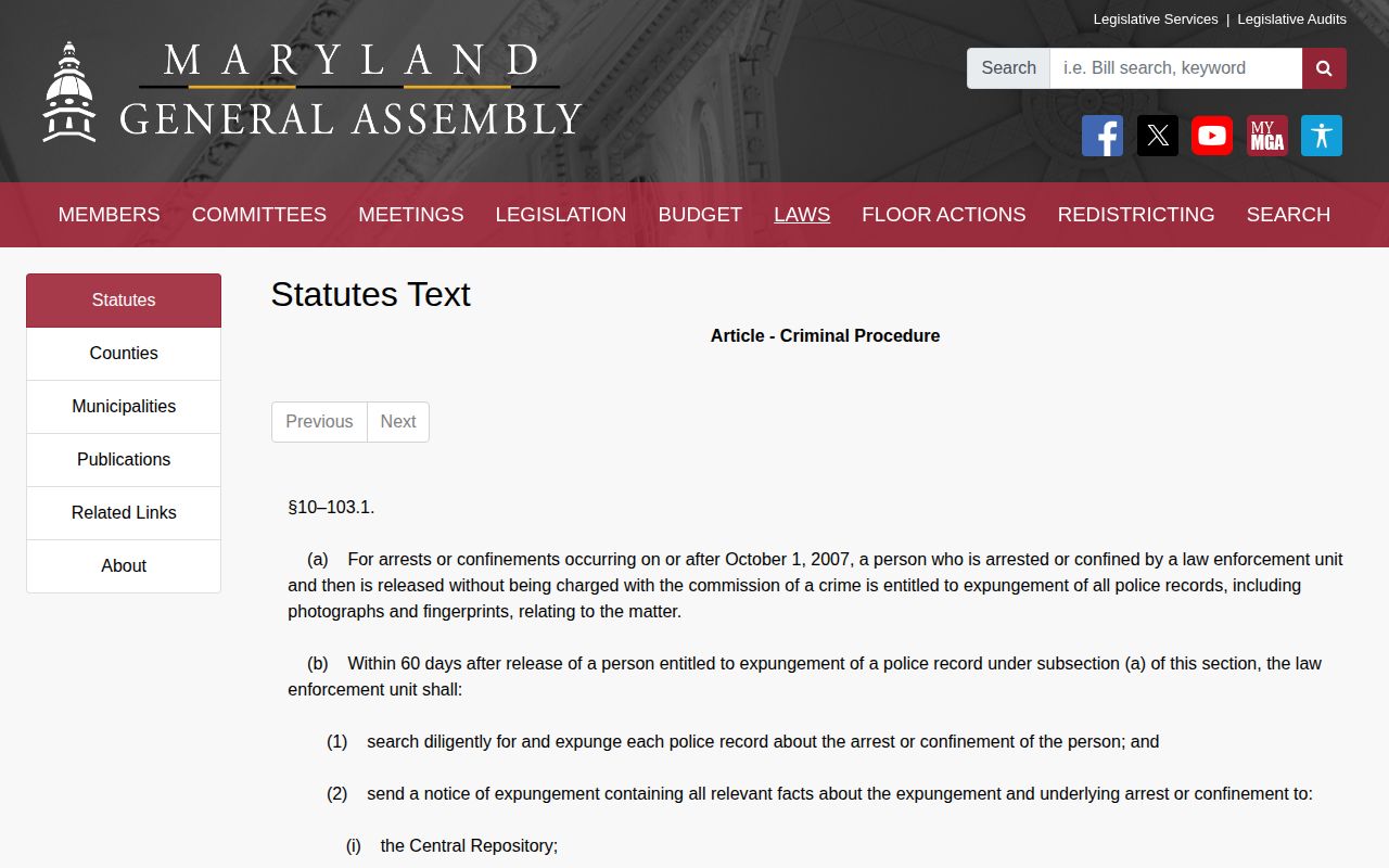 Maryland expungement law for eligible arrests without charges